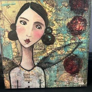 Kelly Rae Roberts kissed on both cheeksAbstract Portrait Art w Map 12x12